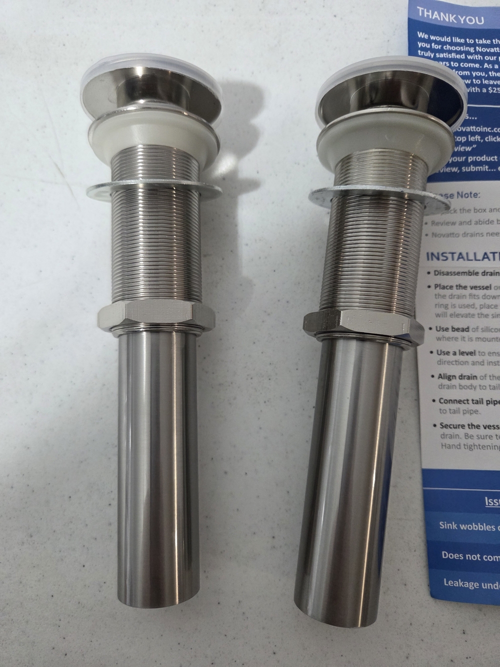 NEW Pair of Brushed Nickel Novatto Sink Pop-Up Drains